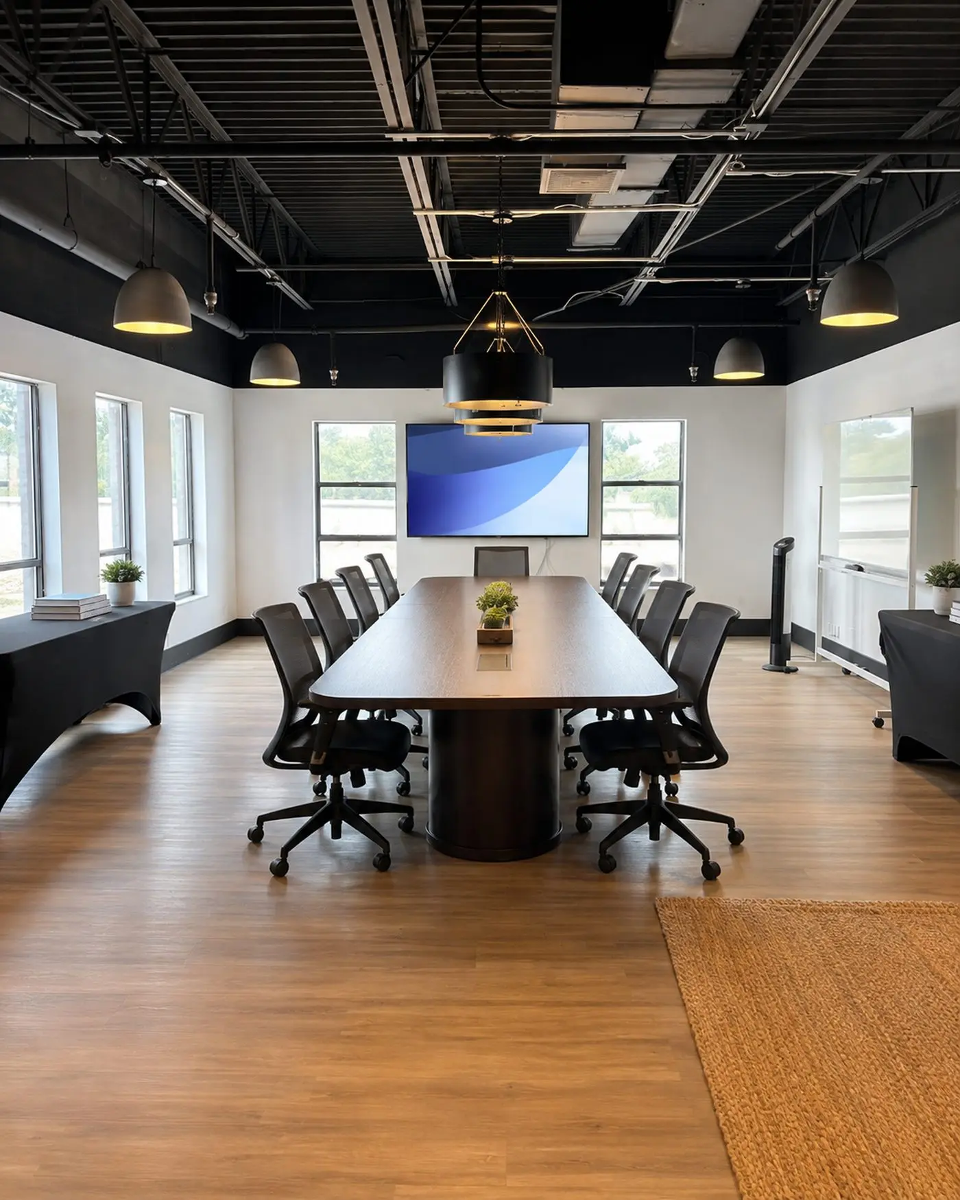 Exemplar conference room with a long table and wall display